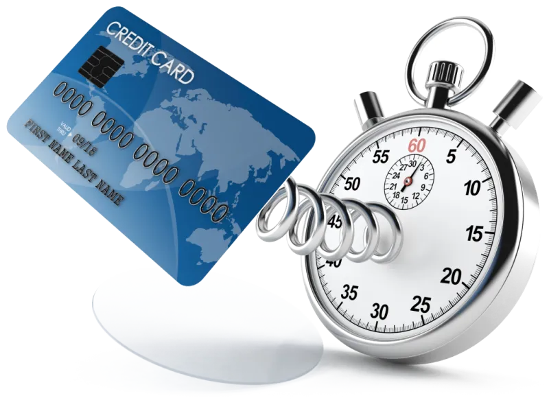 Quick Loans mascot with a credit card springing out of it