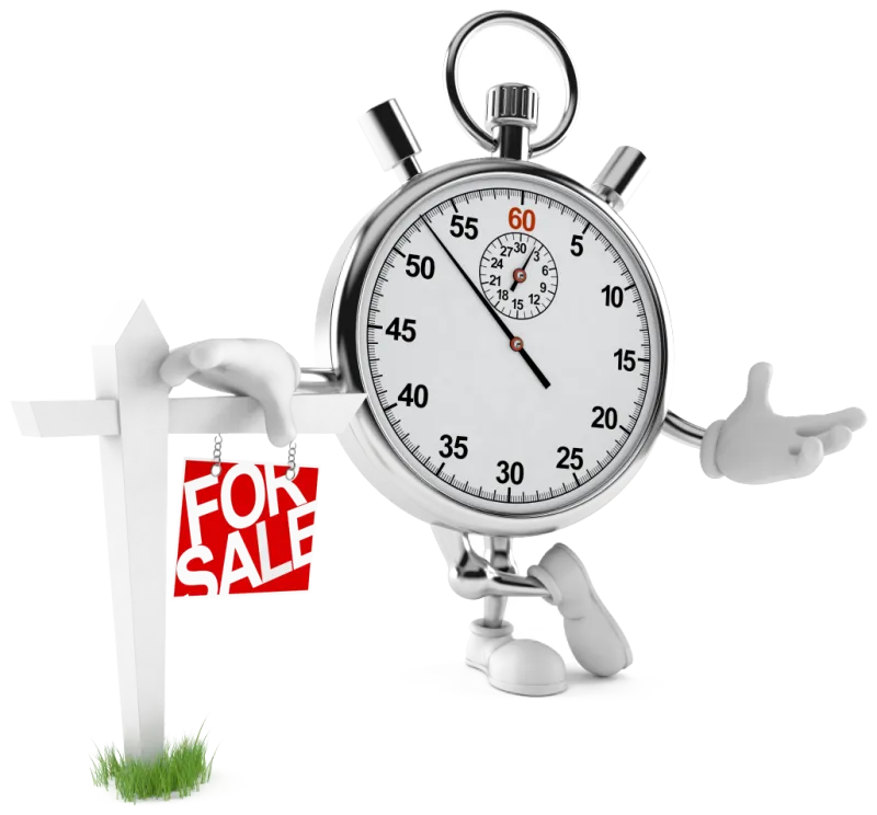 Quick Loans mascot leaning on a for sale sign