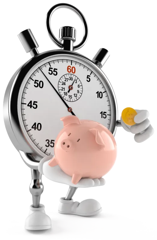 Quick Loans mascot holding a piggy bank