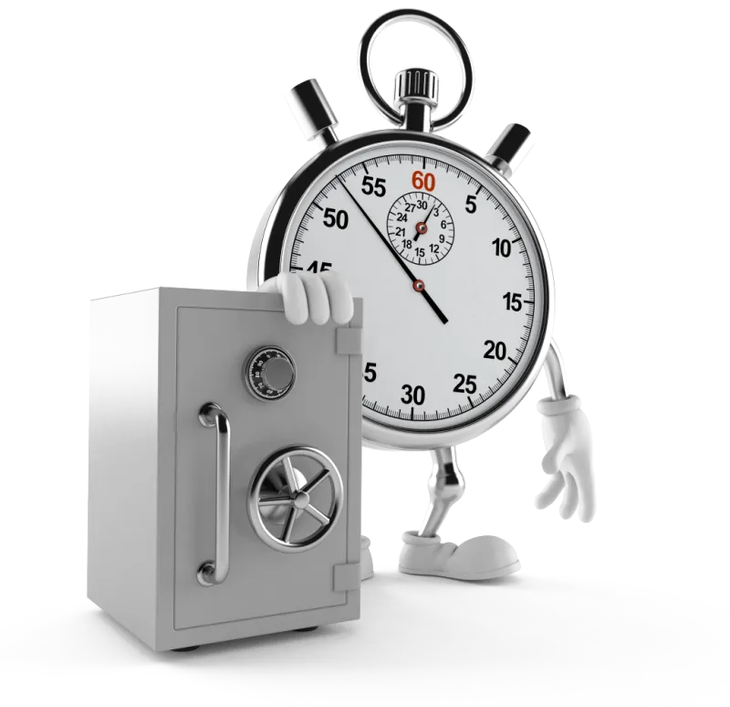 Quick Loans mascot leaning on a safe